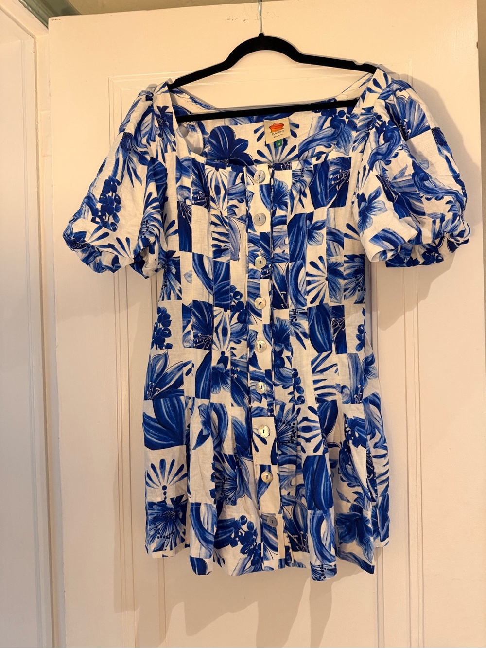 FARM Rio Garden Tiles Blue White Puff Sleeve Mini Dress XS